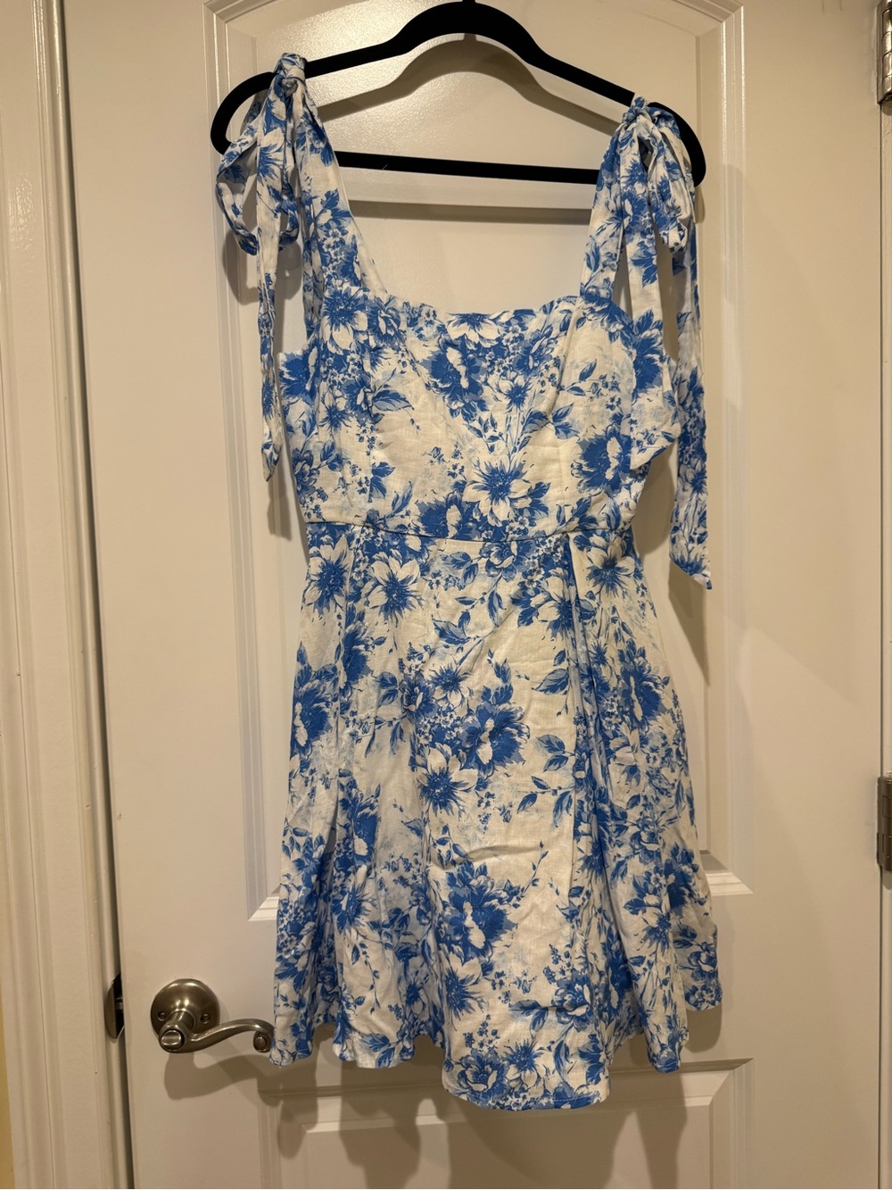 Olivaceous White Mini Dress with Blue Floral Print